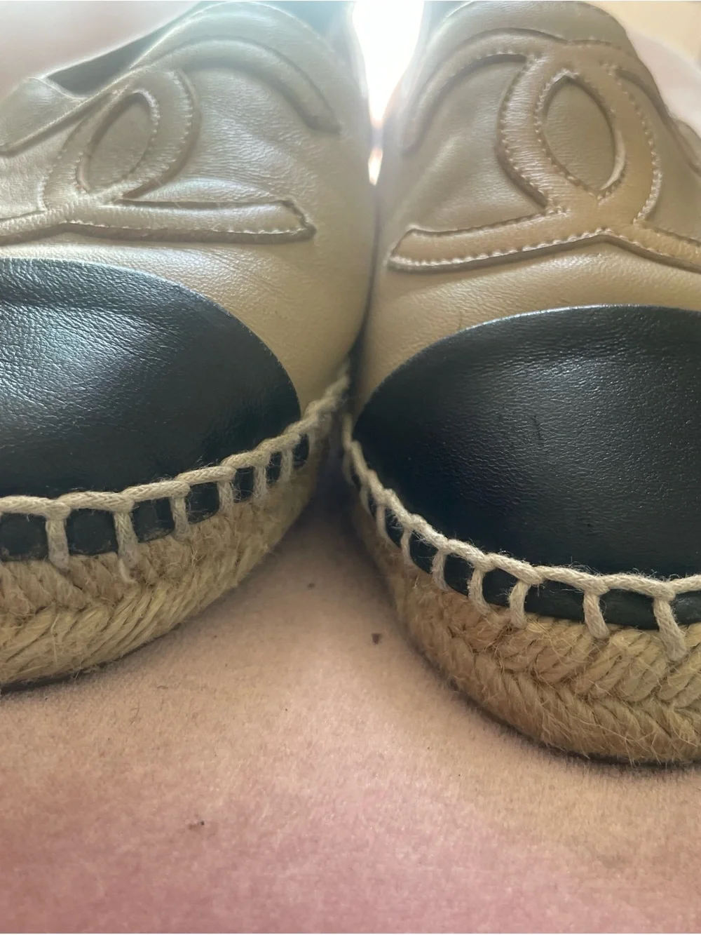 CHANEL Beige Leather Espadrille Flats with Black Cap Toe